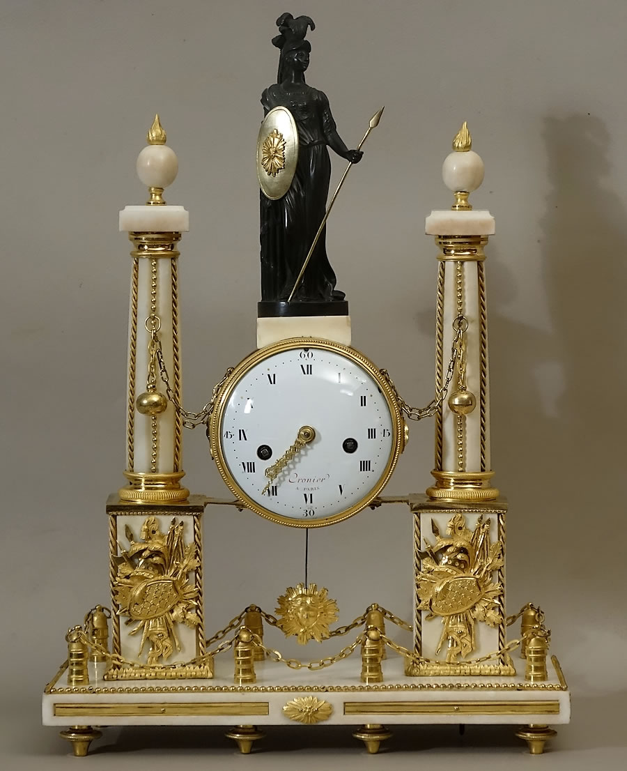pendule-portique-Louis-XVI-bronze-marbre-Cronier-à-Paris