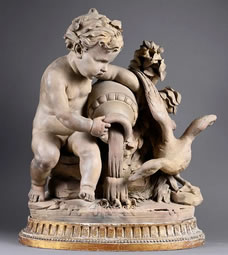 Sculpture en terre cuite putto et cygne &agrave; la source