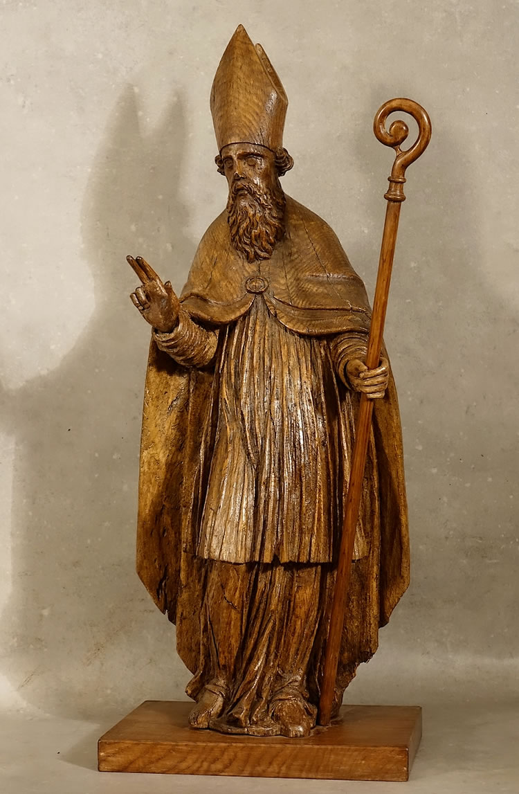 Statue en chêne sculpté Saint-Nicolas évêque Normandie XVIIe