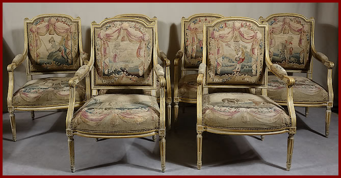 Mobilier-de-salon-Louis-XVI-fauteuils-dossier-plat-tapisseries-Aubusson-Fables-de-la-Fontaine