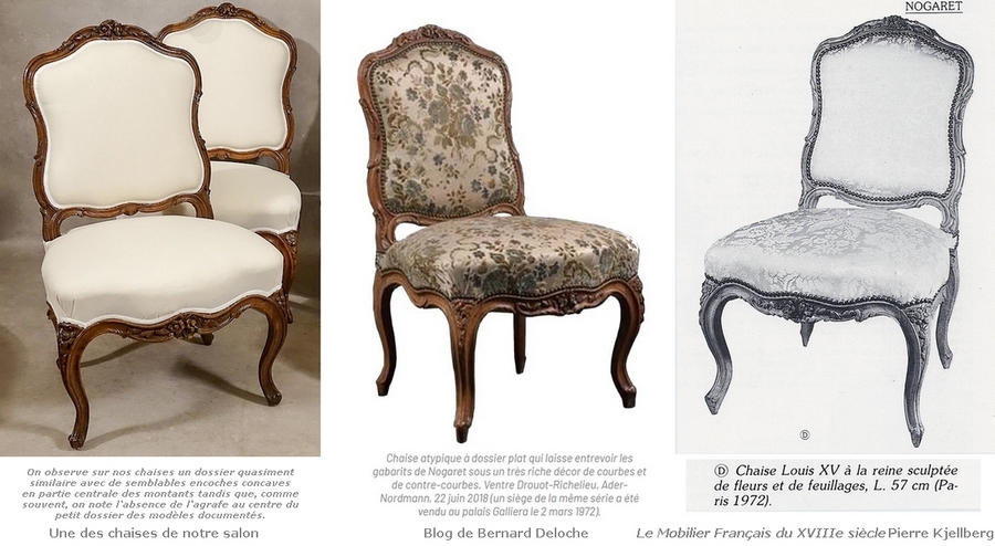 Comparatif de notre chaise de Nogaret avec celle reproduite dans Nogaret & le siège Lyonnais de Bernard Deloche et une autre reproduite dans Le mobilier français du XVIIIe siècle de Pierre Kjellberg