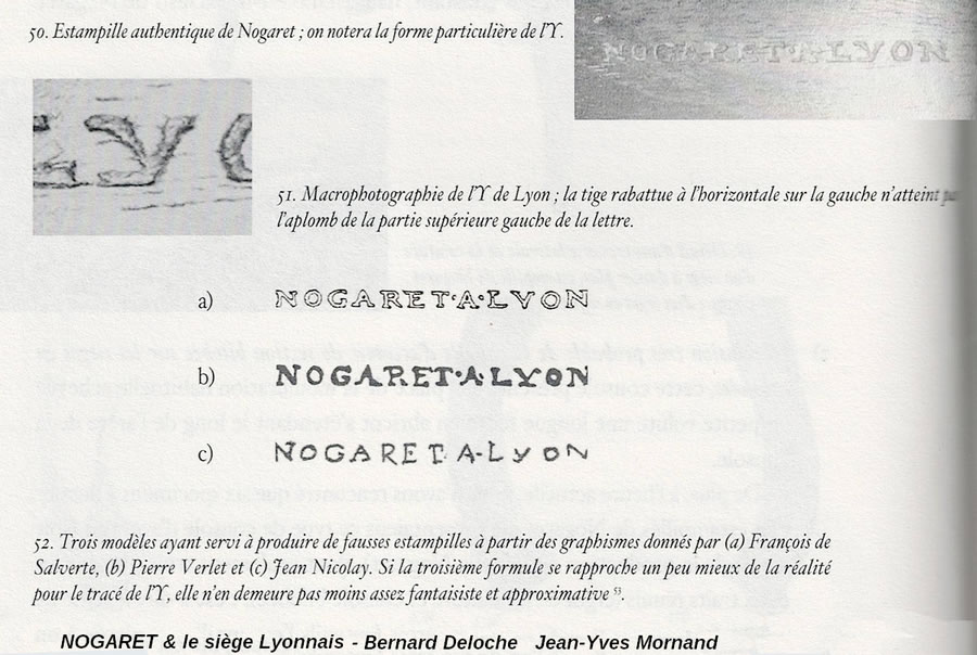 Comparaison documentaire montrant la typographie de la véritable estampille de Pierre Nogaret