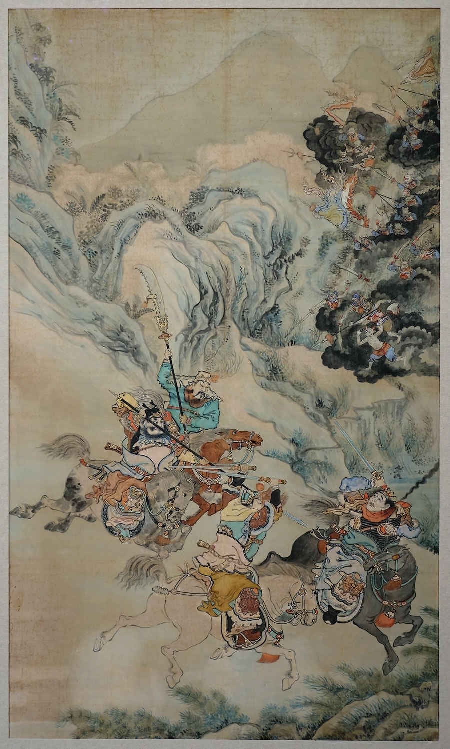 Peinture-sur-soie-encre-lavis-Les-Trois-Royaumes-Chine-XIXe