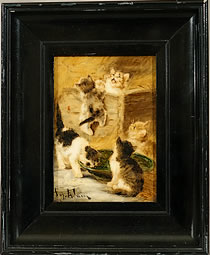 Chatons jouants dans une grange Tableau signé Julius Adam panneau d'acajou