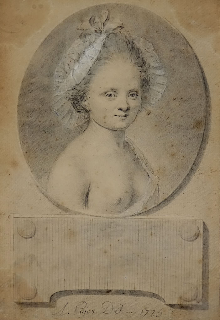 Dessin signé André Pujos daté 1775 portrait d'une jeune fille 