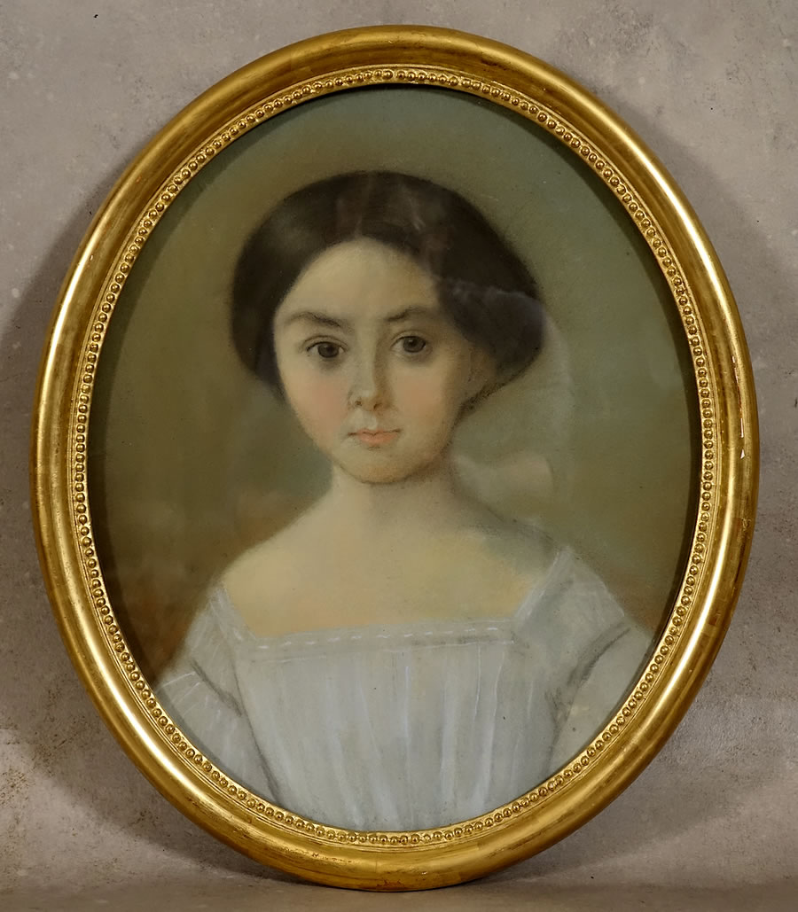 Portrait en pastel d'une jeune fille ou enfant daté 1862