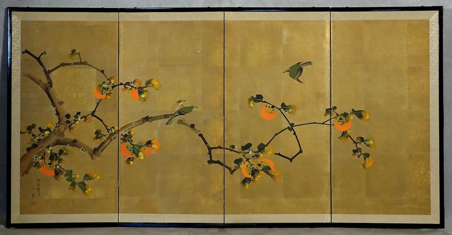 Paravent-Yonkyoku Byobu-gouache-feuilles d'or-Japon-Ère Meiji
