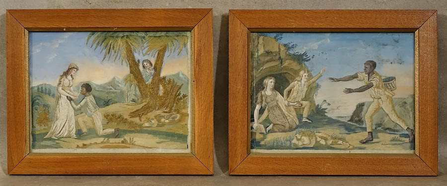 Paul et Virginie paire de peintures brod&eacute;es sur soie