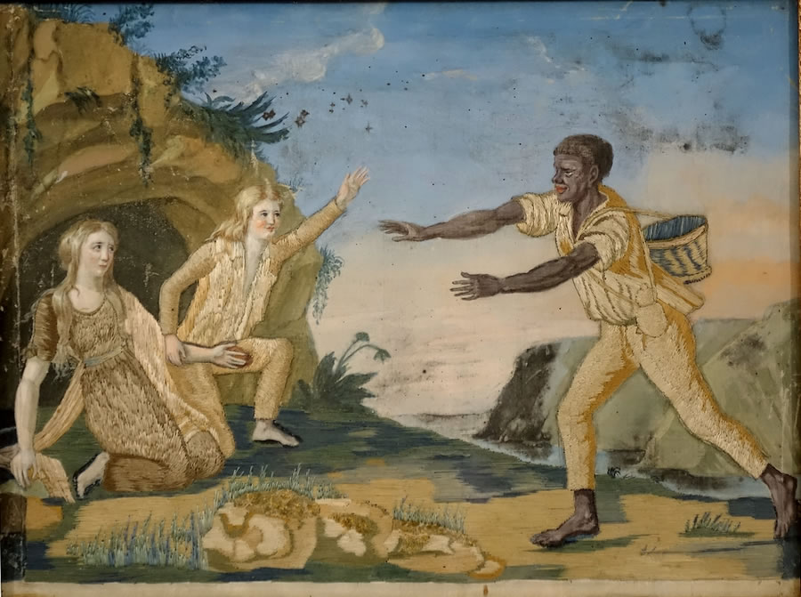 Paul et Virginie peinture sur soie rehauss&eacute;es de broderies de fils de soie