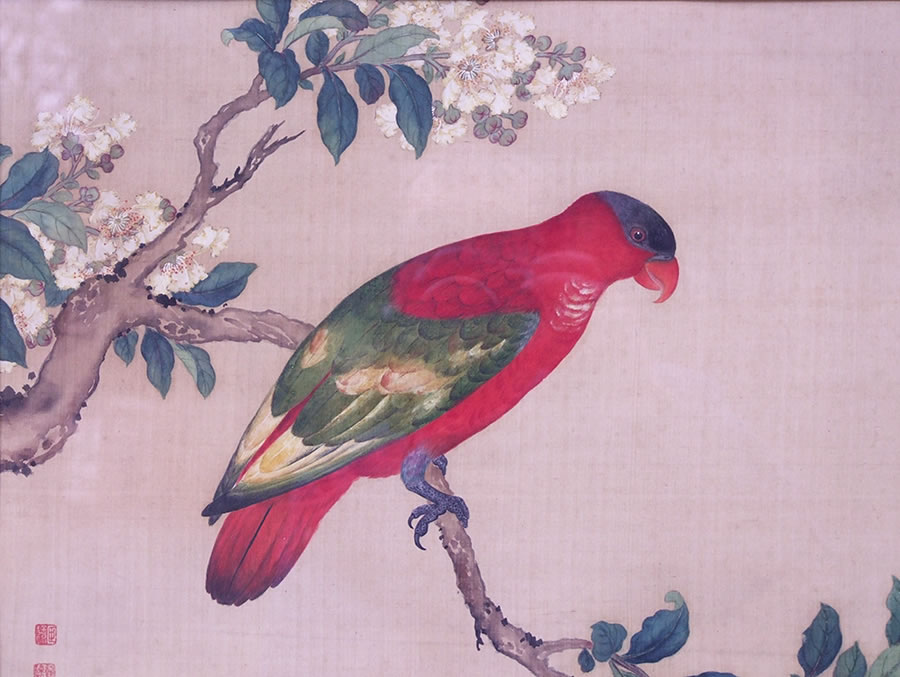 Aquarelle-chinoise-oiseau-fleurs-calligraphie-chinois-chine-ancienne