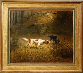 Tableau animalier de chiens de chasse à l'arrêt par Pierre Testu Setter anglais et setter Gordon