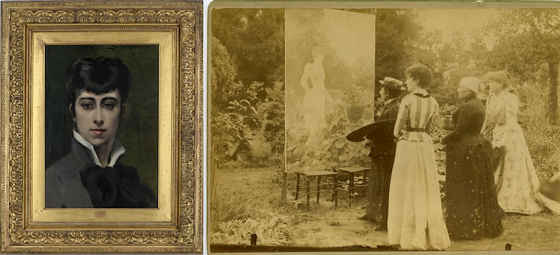Documentation sur Louise Abbéma, autoportrait et photographie de l'artiste au travail en plein air