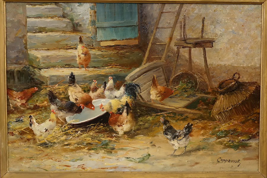 Coq et poules tableau sign&eacute; Jacques Van Coppenolle