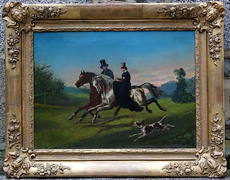 Huile-sur-toile-Tableau-cavaliers-signe-Claude