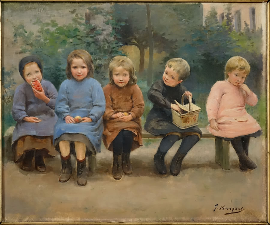 Gaston Marquet, Le goûter des enfants, cinq enfants assis sur un banc, vue de la toile sans son cadre