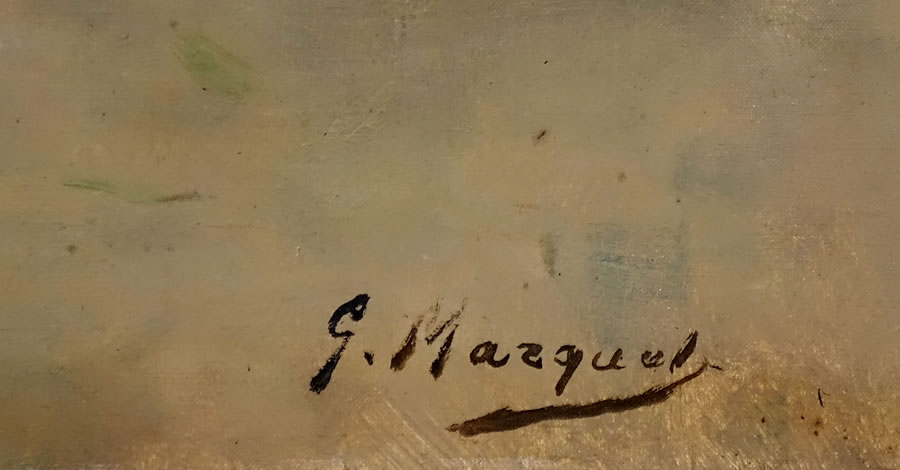 Gaston Marquet, Le goûter des enfants, détail de la signature G. Marquet en bas à droite