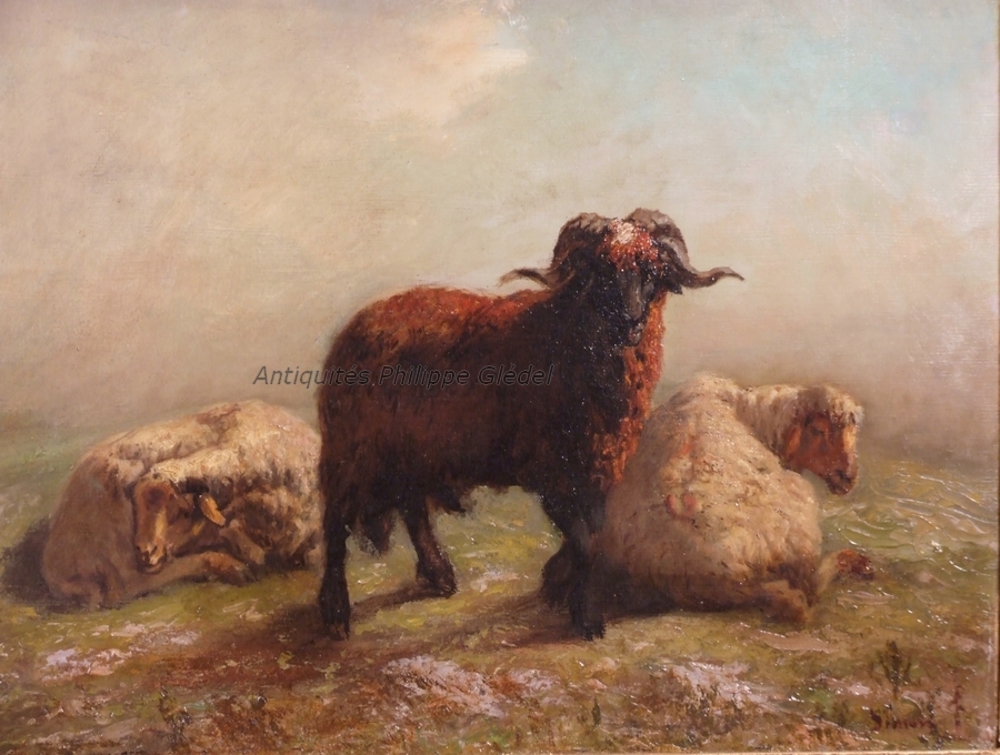 Tableau-moutons-ecole-française-animaliere-XIXè-Simon-François