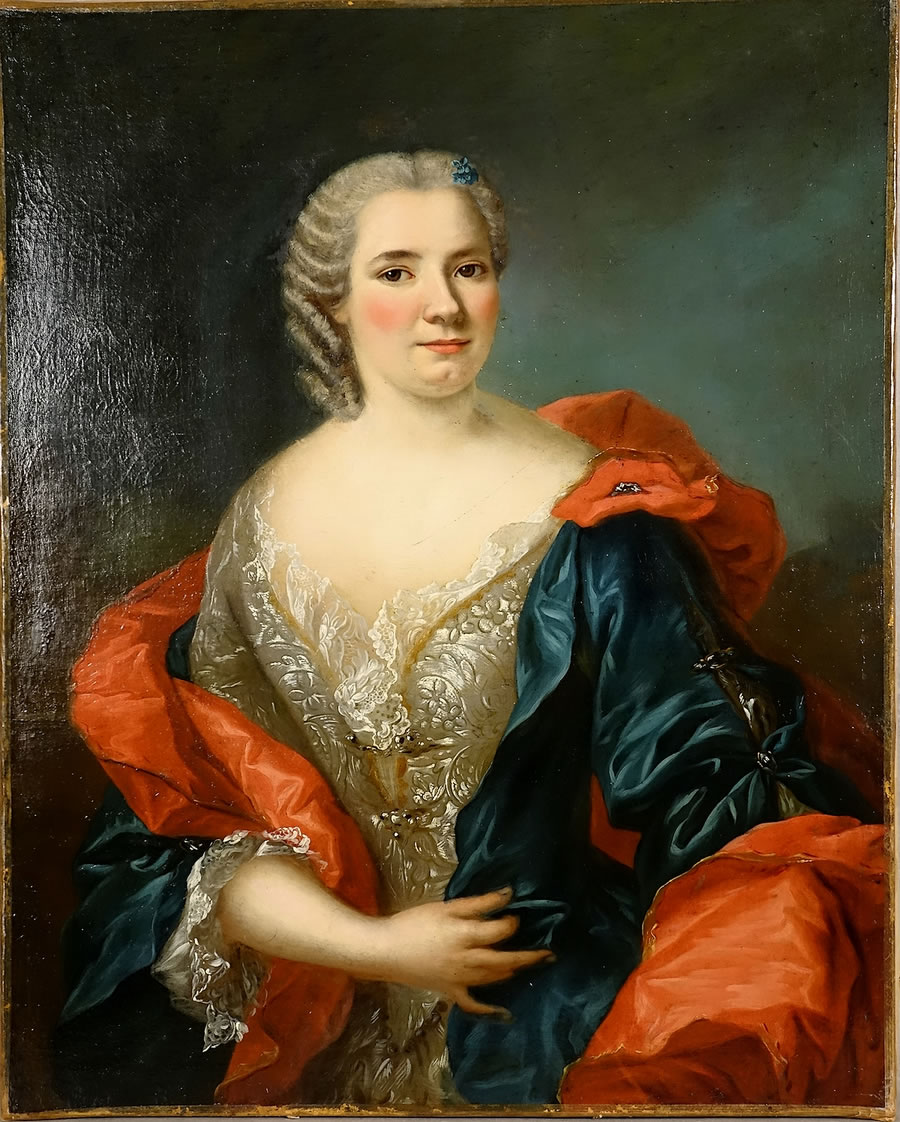 Portrait de femme d'époque Régence, cercle des Van Loo, vue complète de la toile