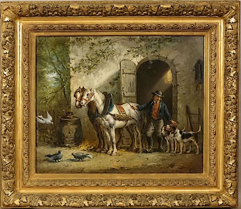Tableau signé a. léonard représentant un paysan ou métayer breton avec chevaux chiens et pigeons