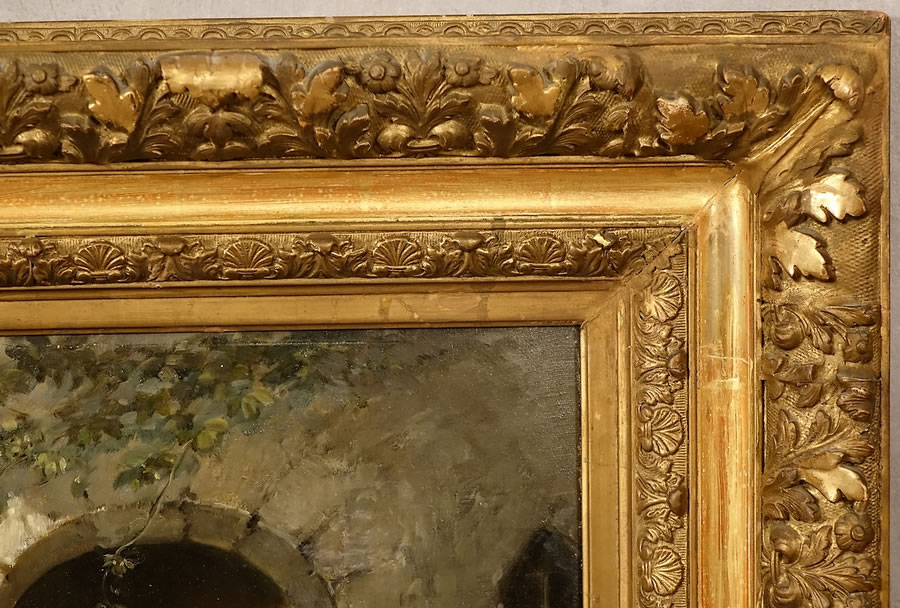 Cadre ancien du tableau signé A. Léonard représentant une scène paysanne bretonne