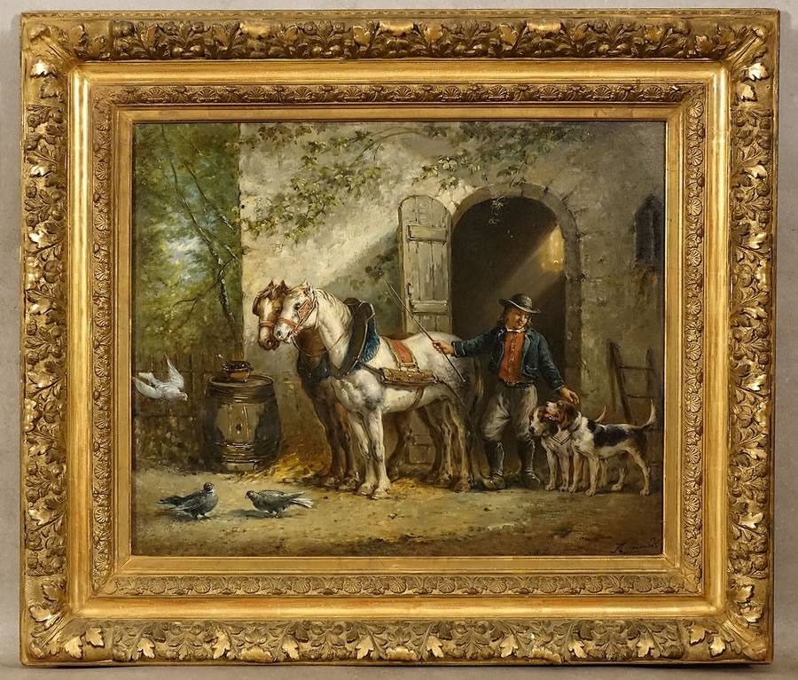 Tableau signé A. Léonard, scène paysanne avec régisseur, chevaux et chiens beagles harriers, vue avec son cadre