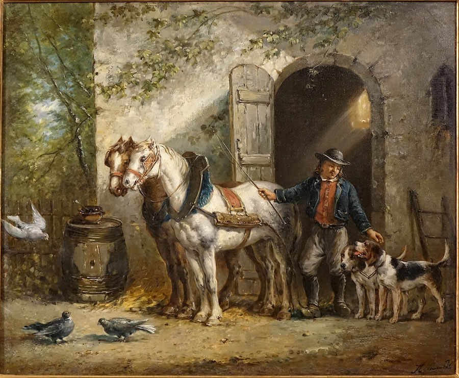 Tableau signé A. Léonard, scène paysanne avec régisseur, chevaux et chiens, vue avec son cadre
