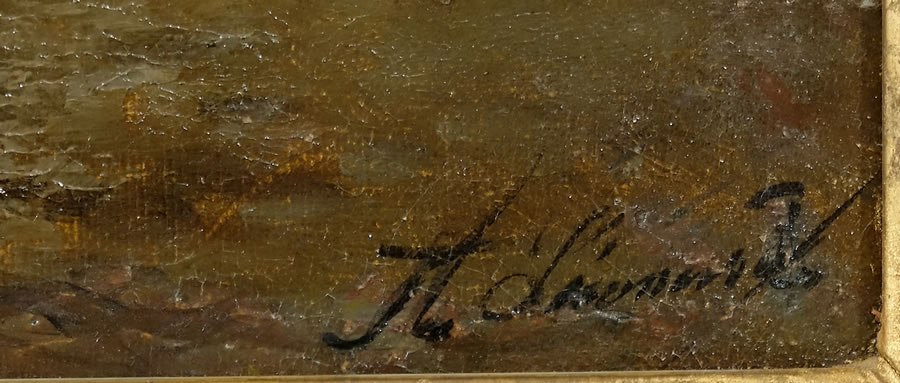 Signature A. Léonard sur le tableau représentant une scène paysanne bretonne