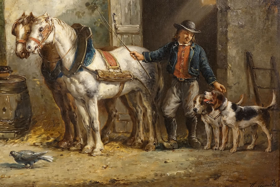 Détail du tableau signé A. Léonard : grand valet devant l’écurie avec chevaux et chiens