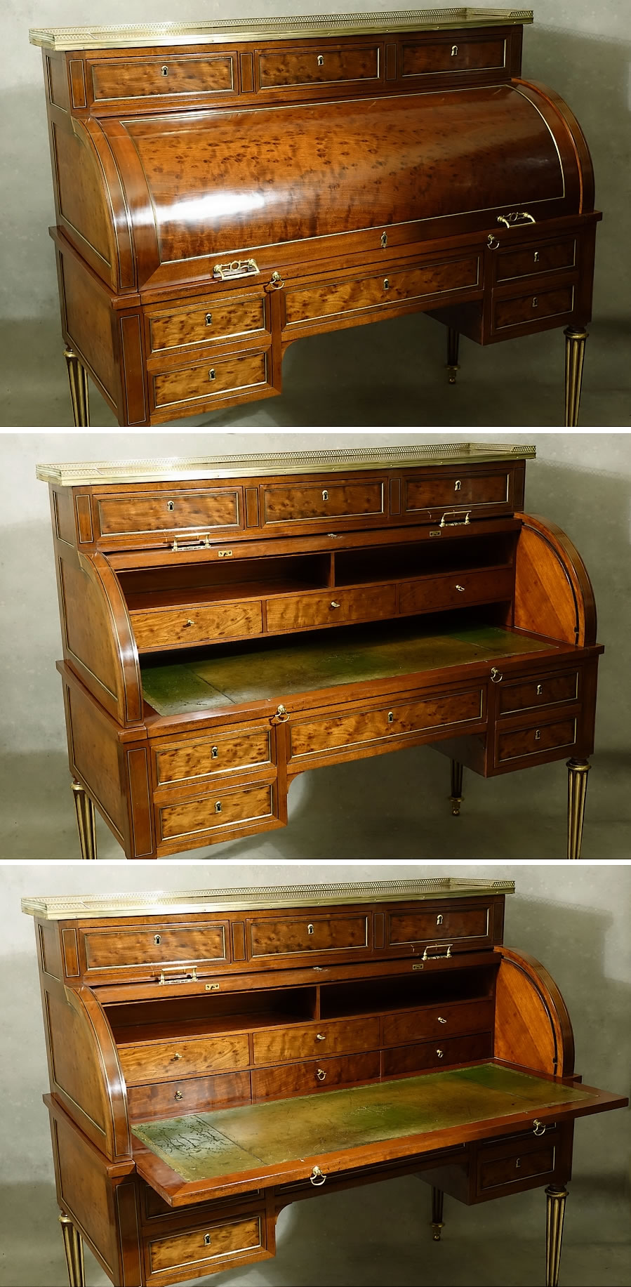 Grand bureau cylindre en acajou d'époque Louis XVI, détail des ouvertures et de la tirette