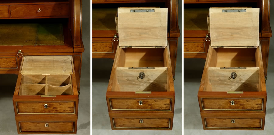 Bureau cylindre Louis XVI en acajou, tiroir du caisson droit et coffre-fort