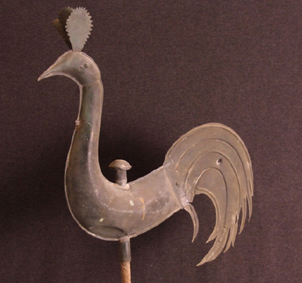 Primitive-copper-weathercock-wrought-iron-spire-dated-1671