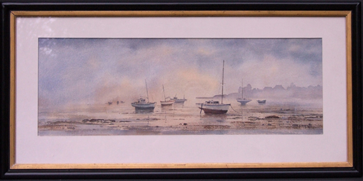 Tableau-Marine-bateaux-port-Aquarelle-signée-Quinette peintre-Jean-Claude-Quinette